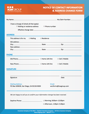 ICW Group's contact information and address change form.