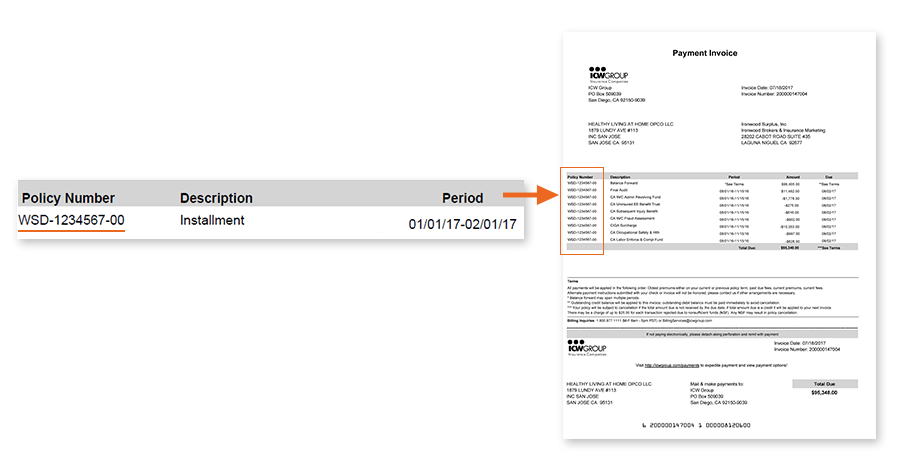 Payment invoice statement with policy number circled
