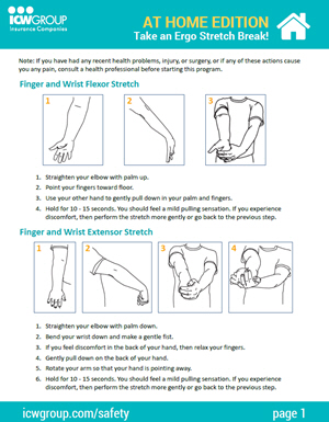 Illustrated instructions for stretching hands, wrists, hamstrings, back, and neck