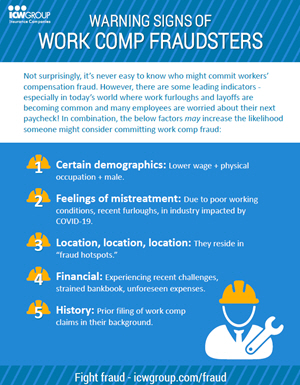 ICW Group's Warning Signs of Work Comp Fraudsters flyer.