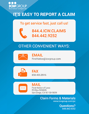 ICW Group's Four Ways to Report a Claim postcard.