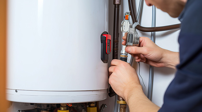 Plumber working on a water heater.