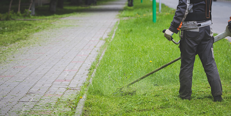 A person mowing grass.