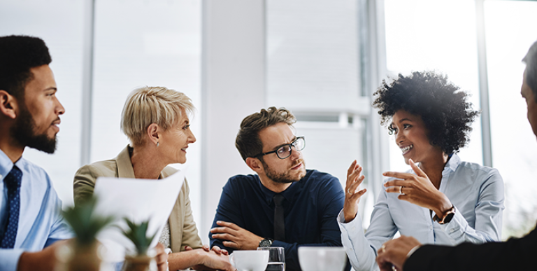 A group of employees having a team meeting.