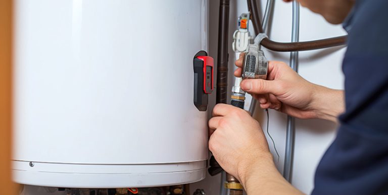 Plumber working on a water heater.